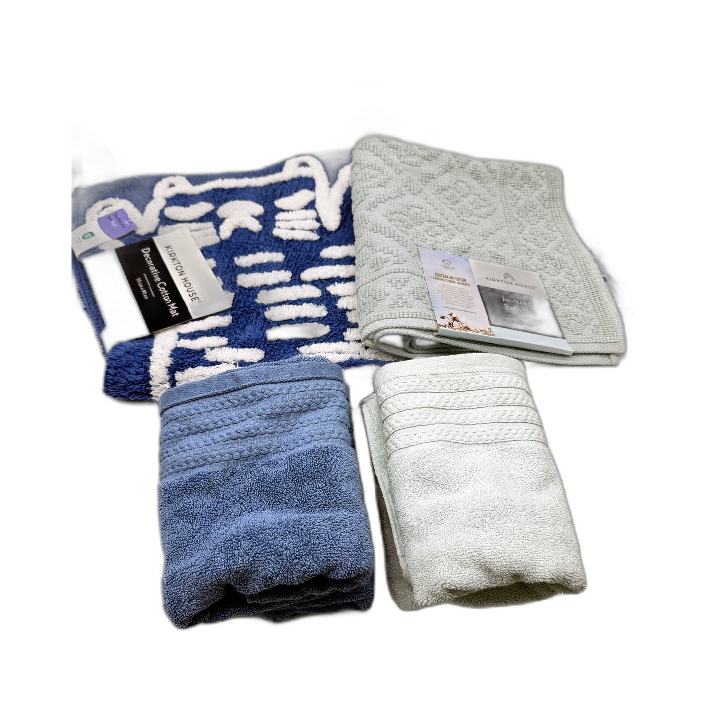 Blue & Mint Green Decorative Cotton 2 Bath Mats & 4 Hand Towel Set 6 Piece NEW