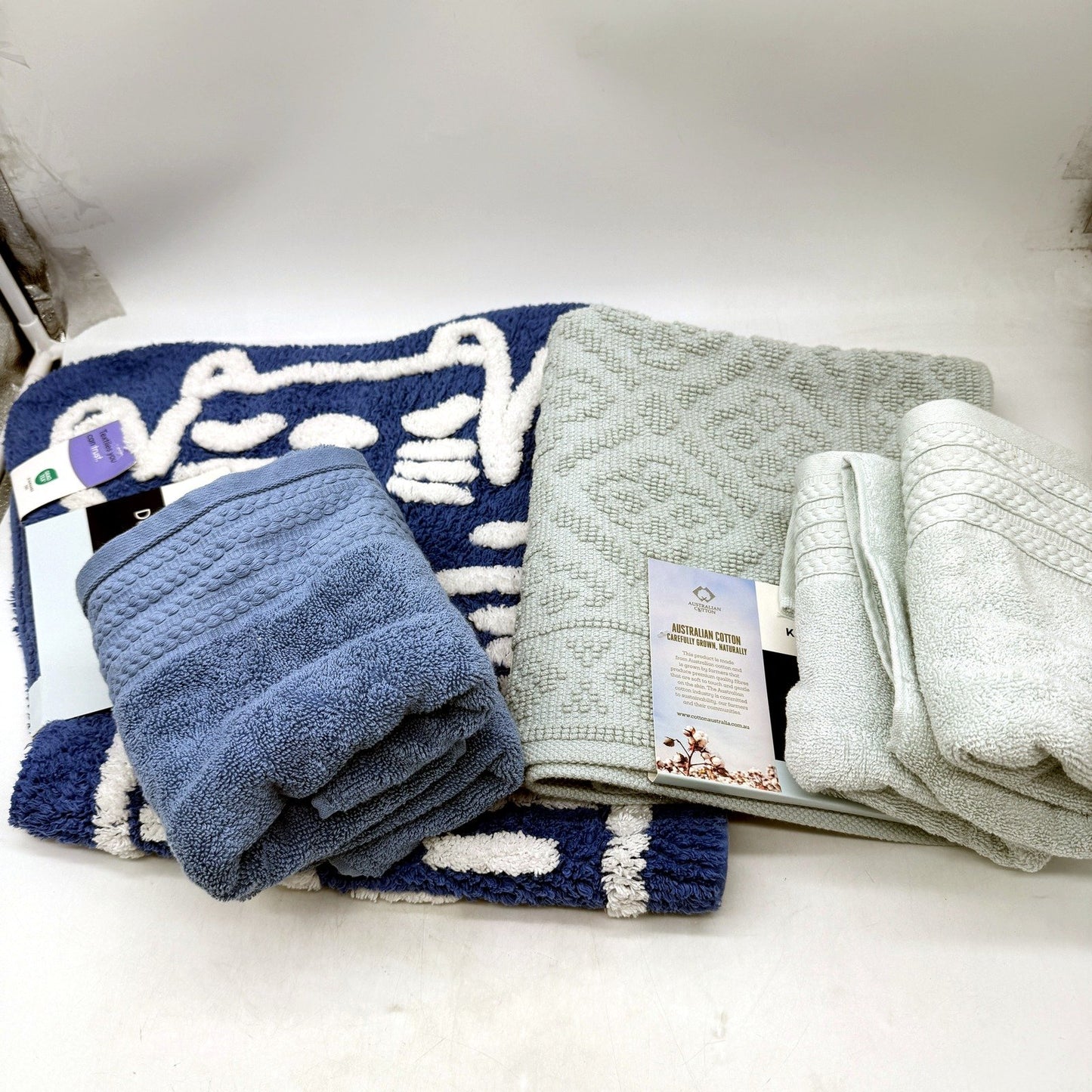 Blue & Mint Green Decorative Cotton 2 Bath Mats & 4 Hand Towel Set 6 Piece NEW