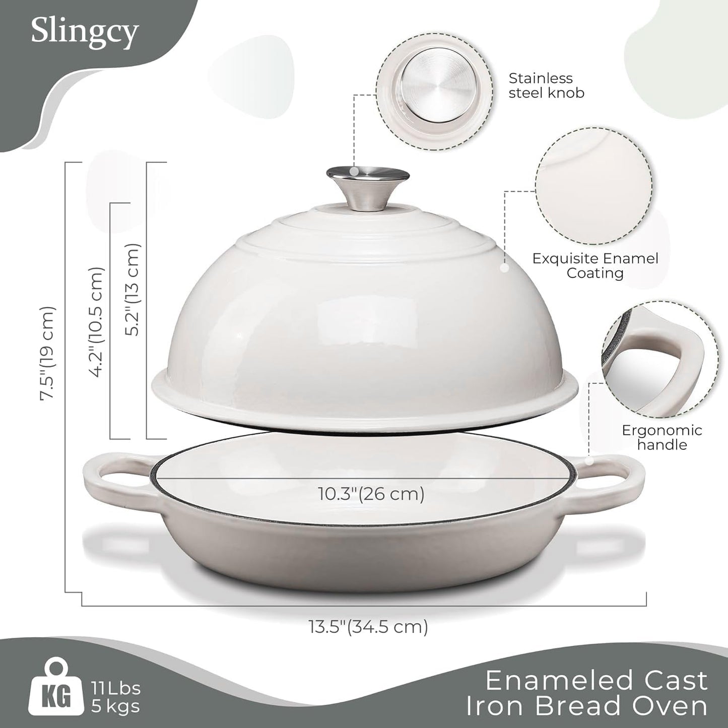 Slingcy Enameled Cast Iron Dutch Oven for Sourdough Bread Baking White NEW
