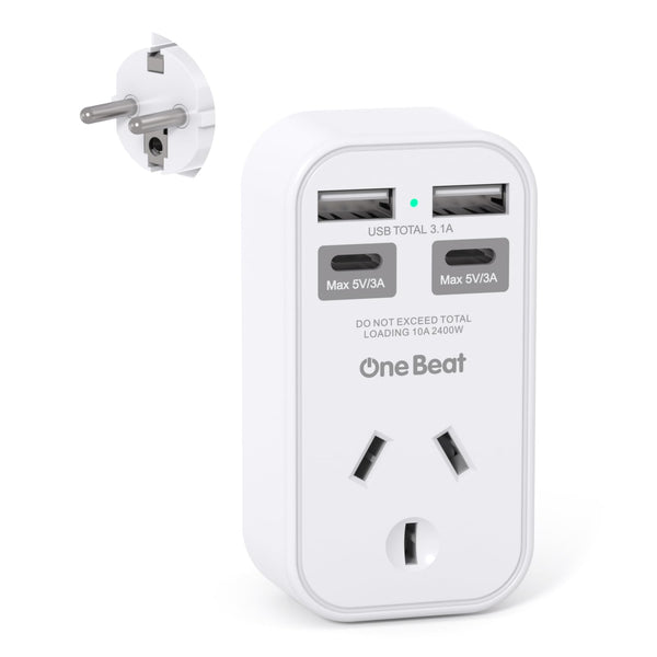 One Beat International Travel Power Adapter with 4 USB Ports, White DEMO