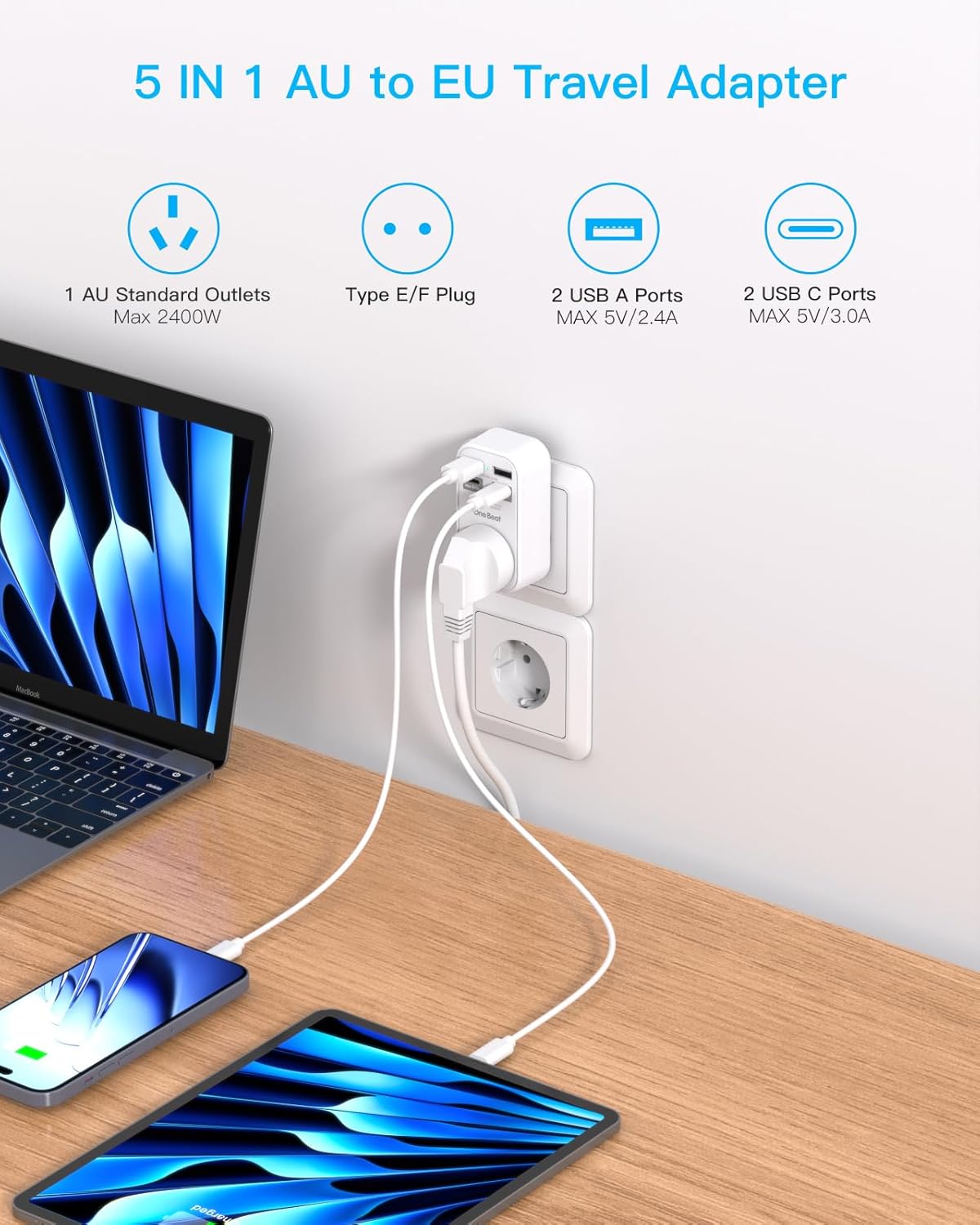 One Beat International Travel Power Adapter with 4 USB Ports, White DEMO