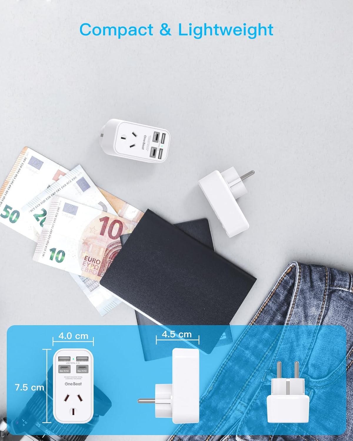 One Beat International Travel Power Adapter with 4 USB Ports, White DEMO