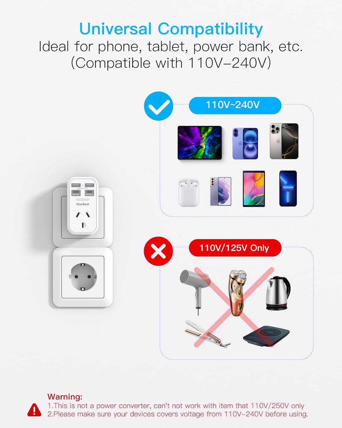 One Beat International Travel Power Adapter with 4 USB Ports, White DEMO