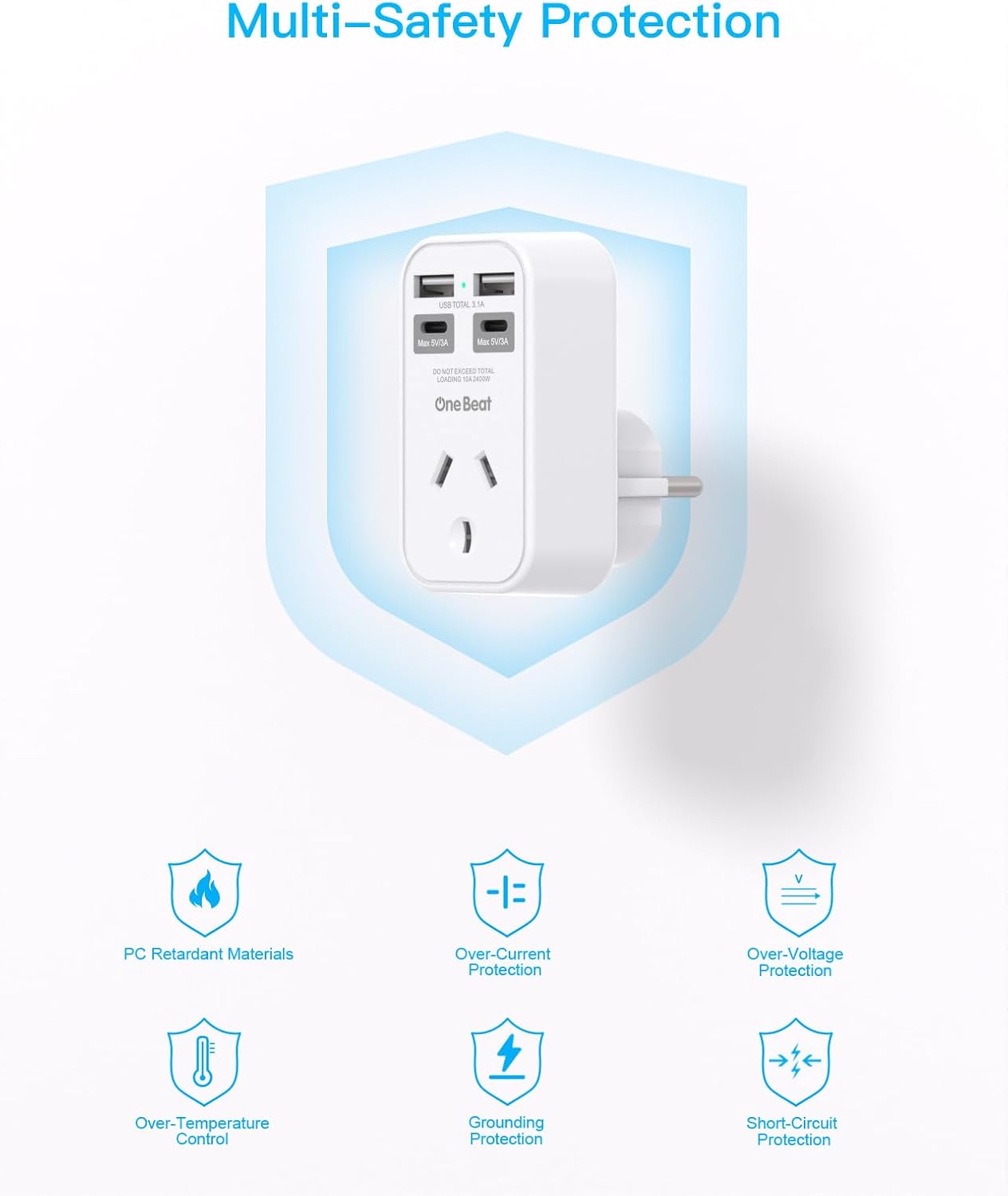 One Beat International Travel Power Adapter with 4 USB Ports, White DEMO