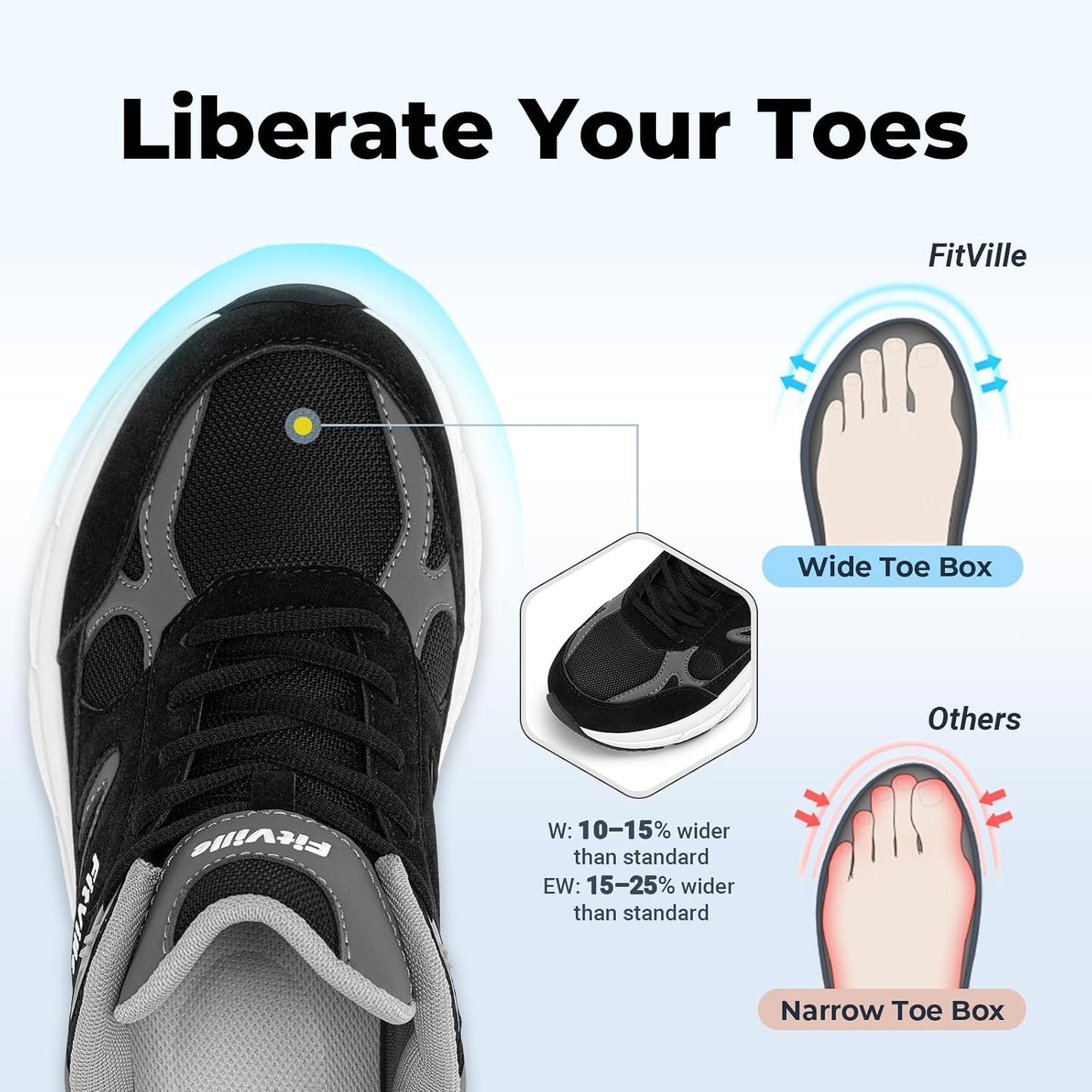 FitVille Rebound V1 Comfortable Arch Support Black Sneakers EXTRA WIDE US 9 DEMO
