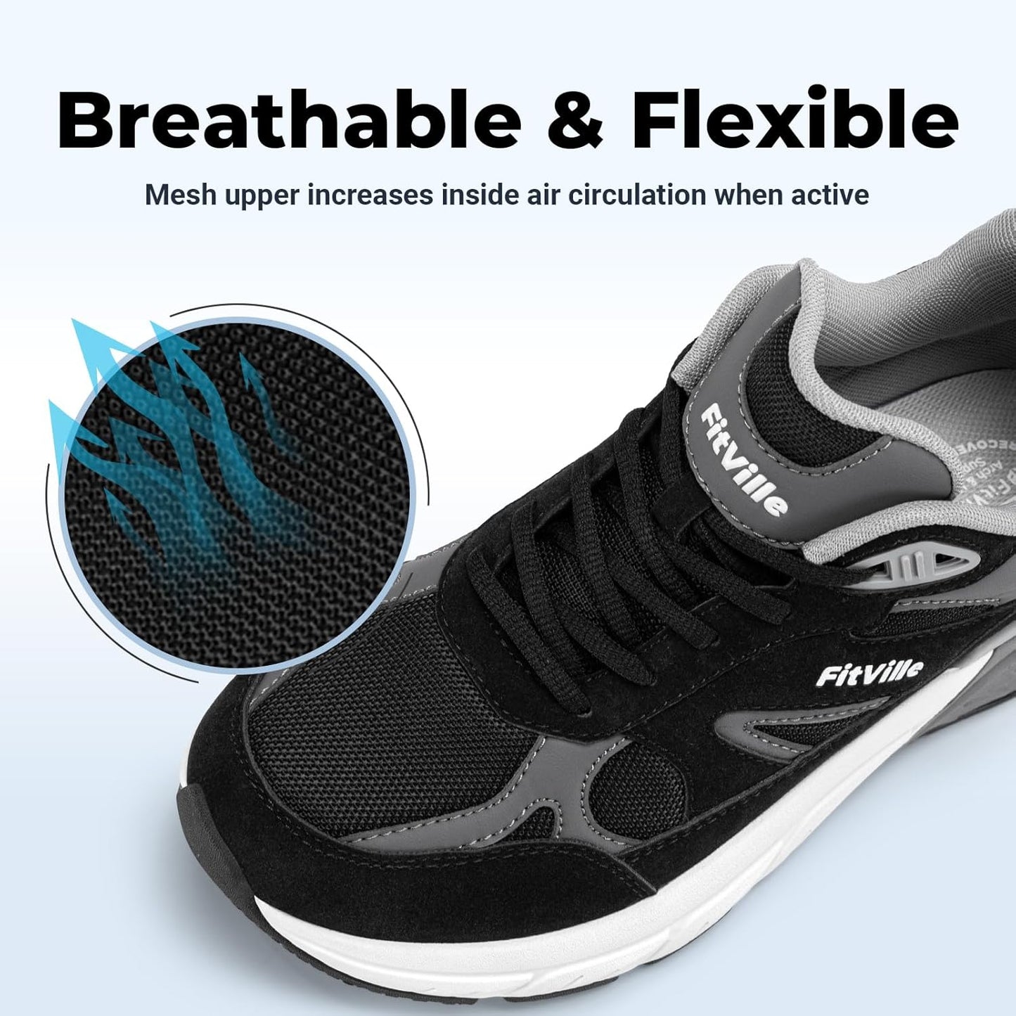 FitVille Rebound V1 Comfortable Arch Support Black Sneakers EXTRA WIDE US 9 DEMO