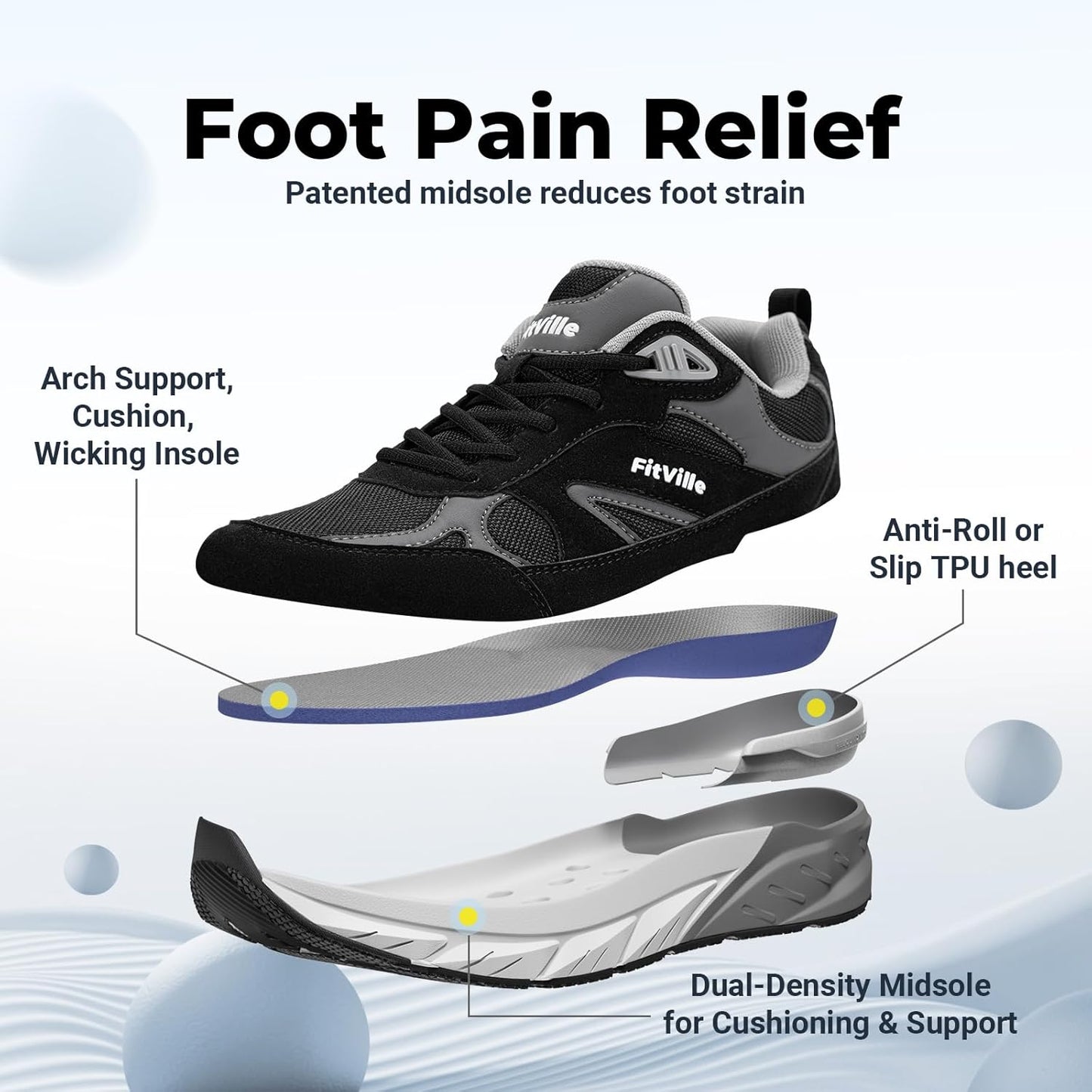FitVille Rebound V1 Comfortable Arch Support Black Sneakers EXTRA WIDE US 9 DEMO