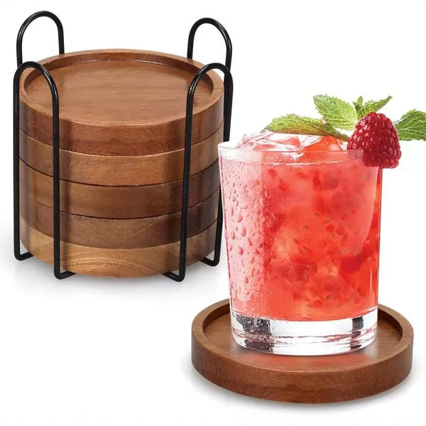 FLTON 6-Pack Wooden Coasters with Holder for Glasses Coffee Table Drinks NEW