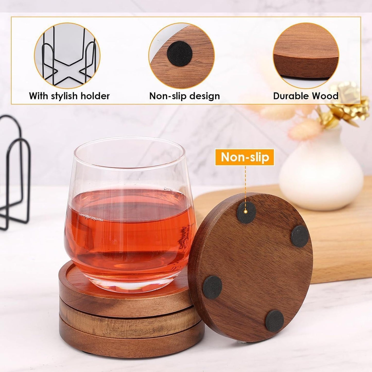 FLTON 6-Pack Wooden Coasters with Holder for Glasses Coffee Table Drinks NEW