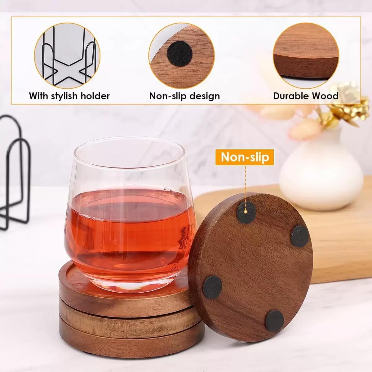 FLTON 6-Pack Wooden Coasters with Holder for Glasses Coffee Table Drinks NEW