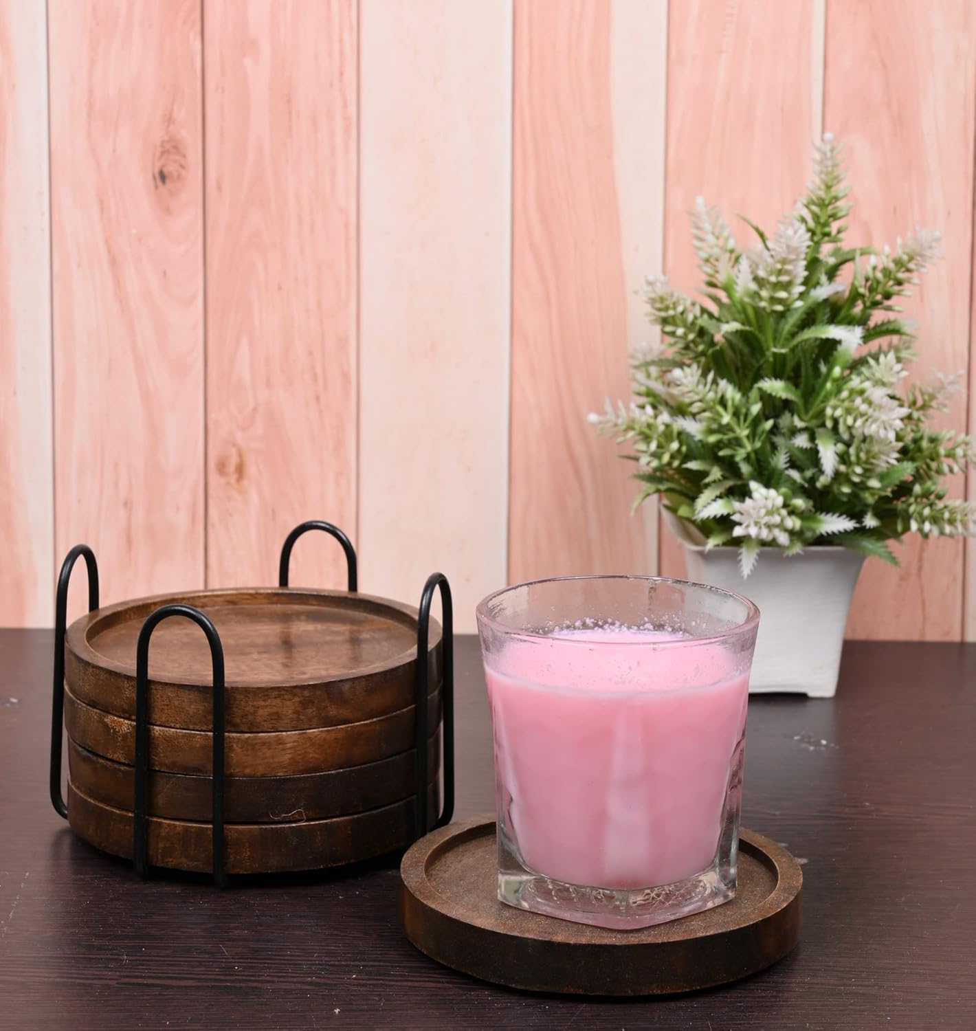FLTON 6-Pack Wooden Coasters with Holder for Glasses Coffee Table Drinks NEW