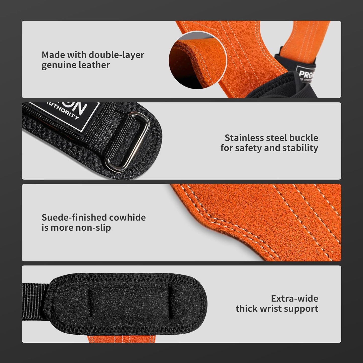 PROIRON Leather Weight Lifting Wrist Straps, Double Layer, Orange, Gym LARGE NEW
