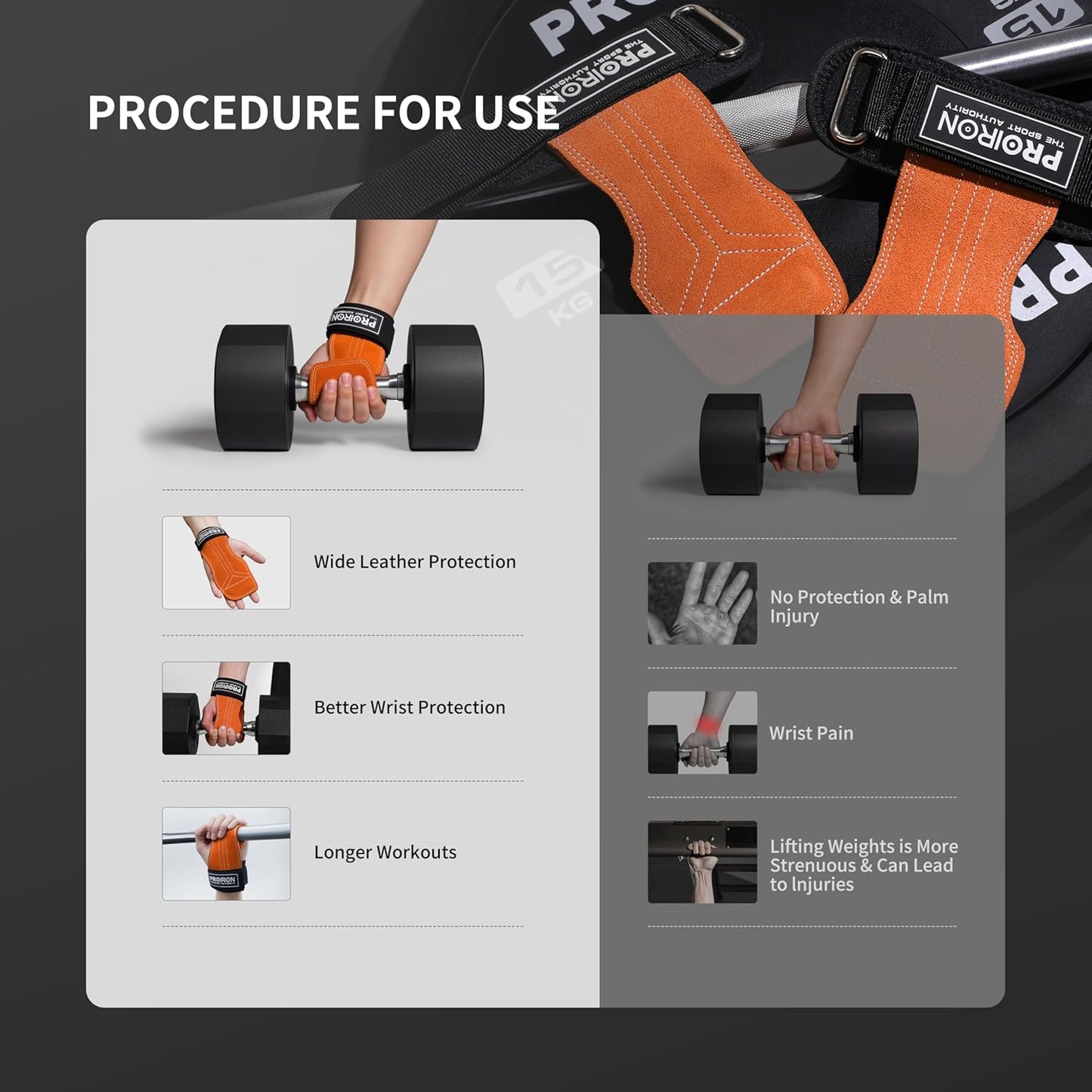 PROIRON Leather Weight Lifting Wrist Straps, Double Layer, Orange, Gym LARGE NEW