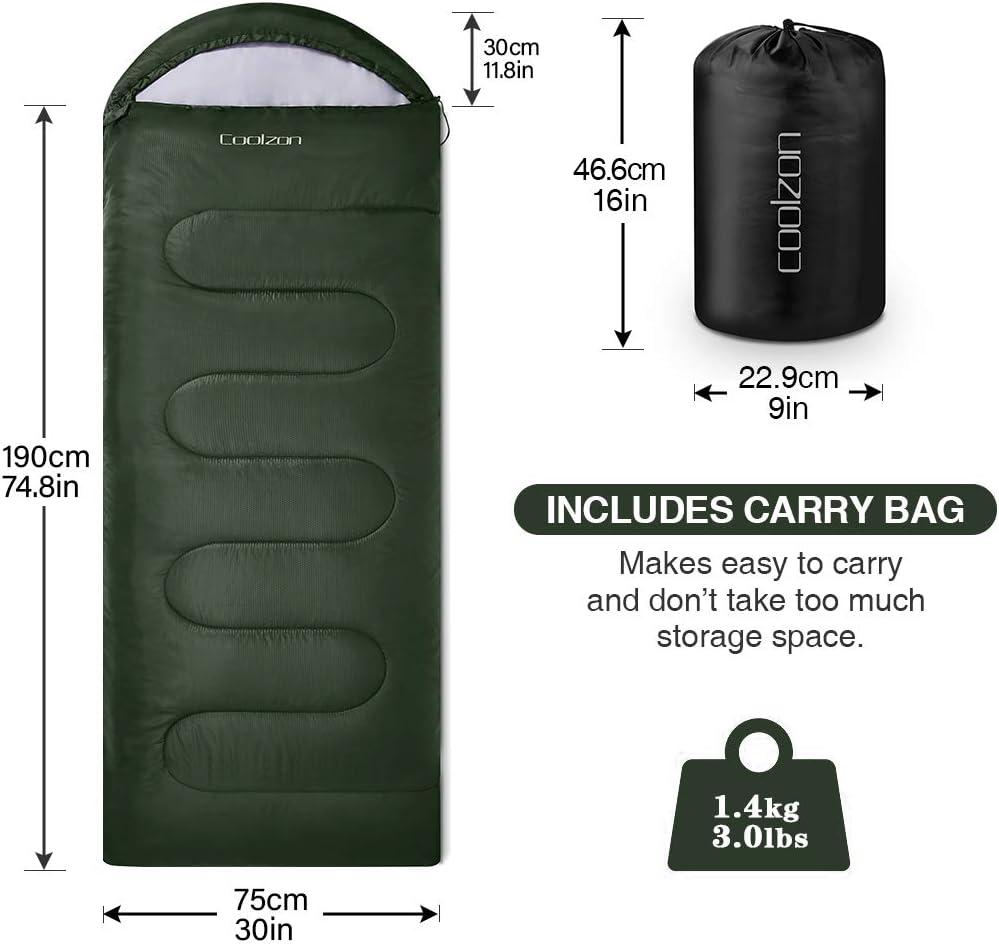 Coolzon Rectangular Sleeping Bag for Camping 3-4 Seasons Green 86.6in x 30 NEW
