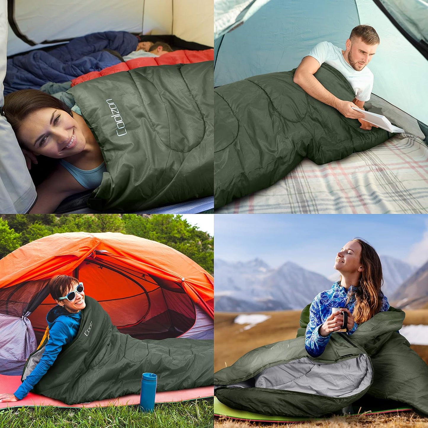 Coolzon Rectangular Sleeping Bag for Camping 3-4 Seasons Green 86.6in x 30 NEW