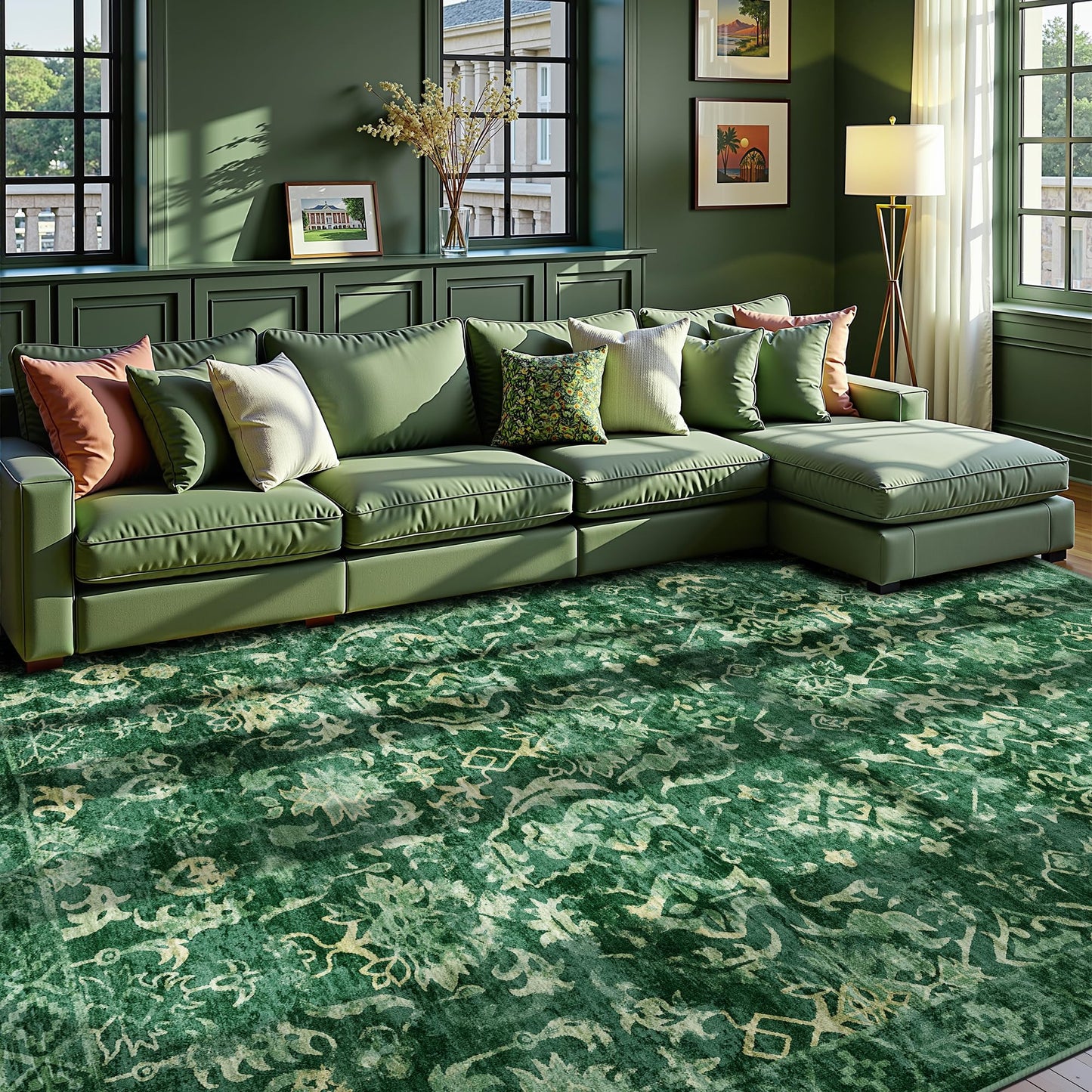 Youzi Vintage Floral Area Rug Soft Low Pile Washable Non-Slip Dark Green NEW