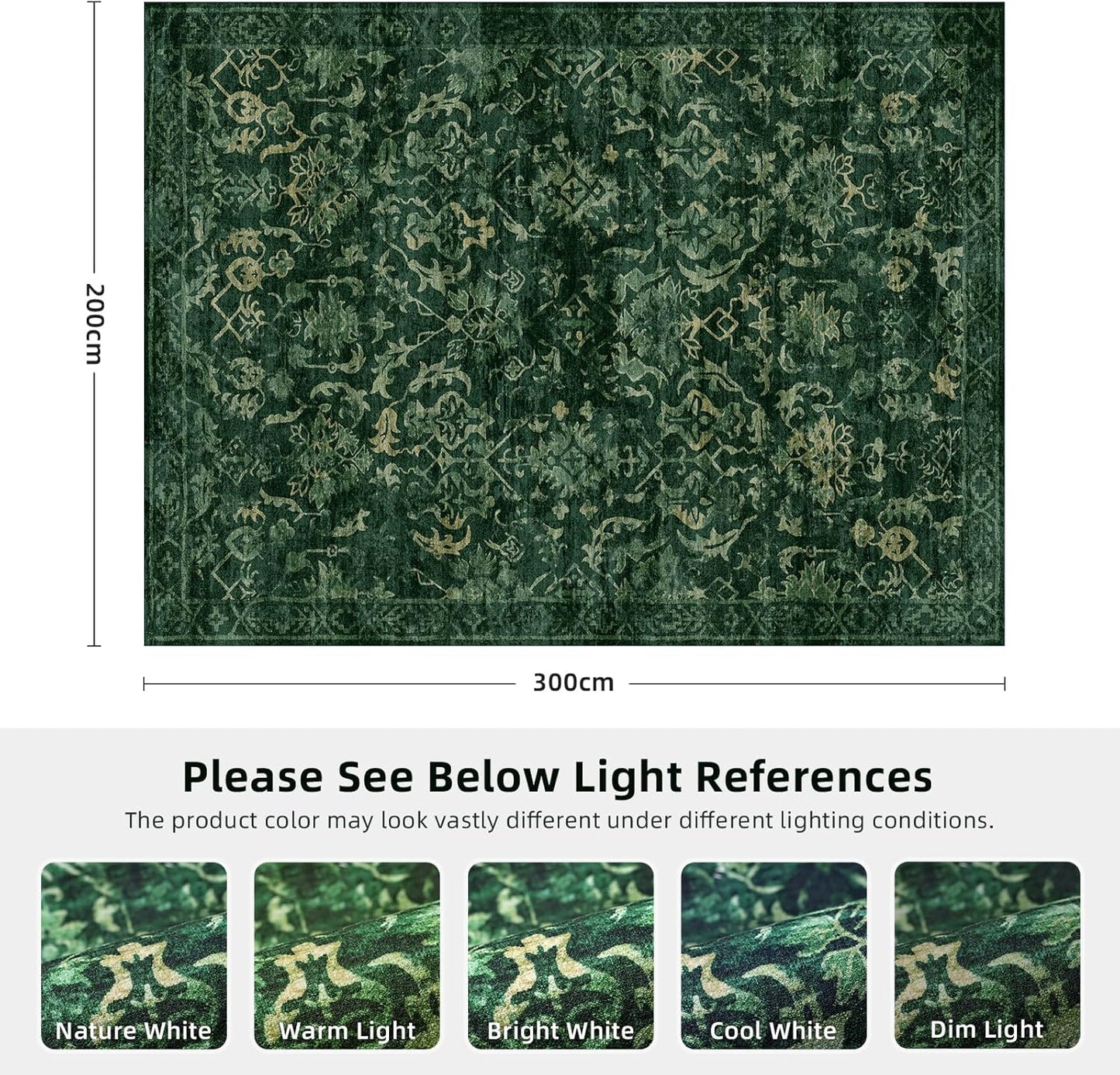 Youzi Vintage Floral Area Rug Soft Low Pile Washable Non-Slip Dark Green NEW