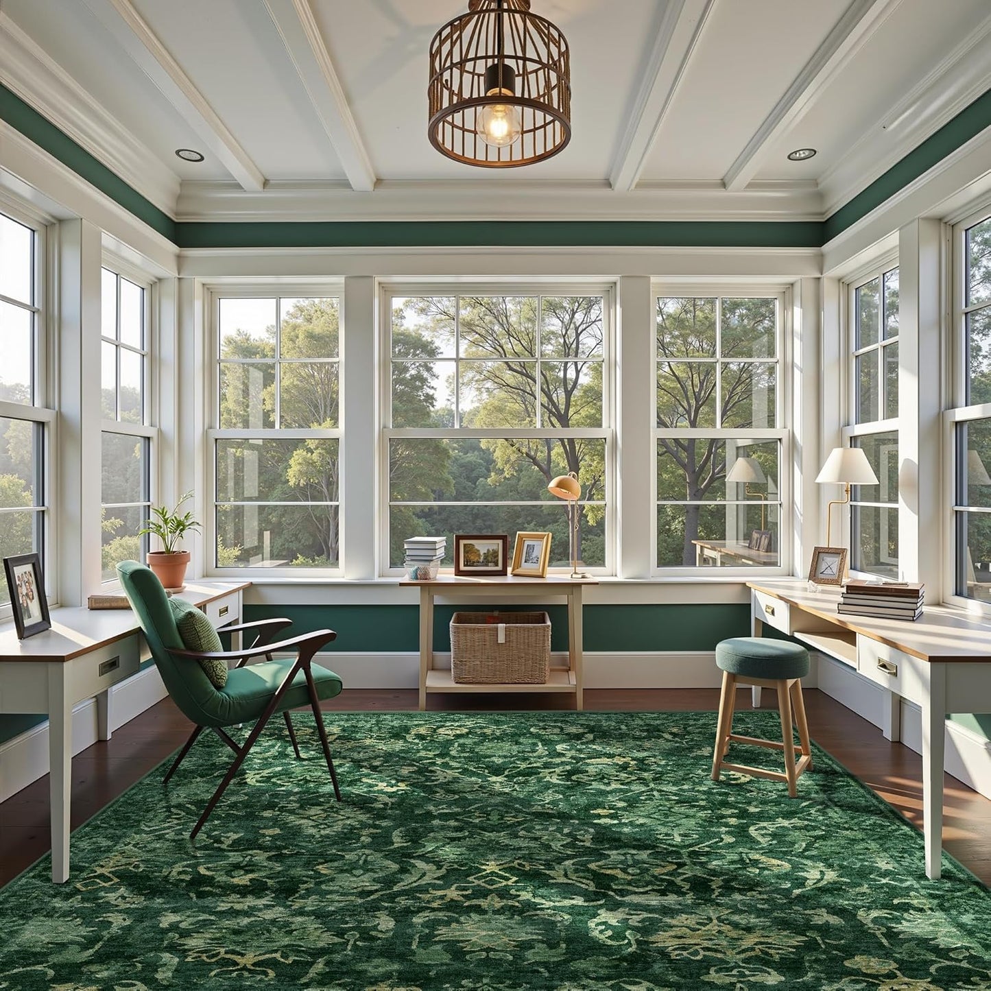 Youzi Vintage Floral Area Rug Soft Low Pile Washable Non-Slip Dark Green NEW