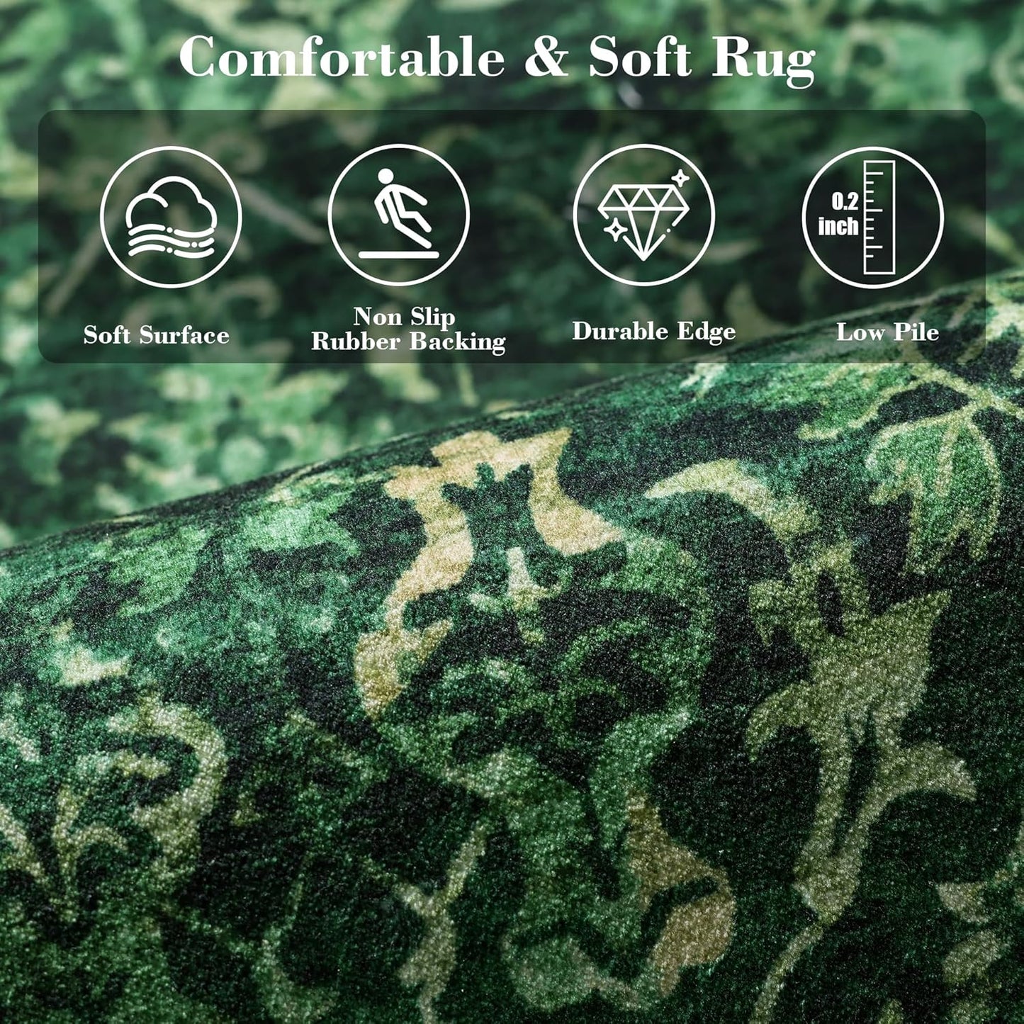 Youzi Vintage Floral Area Rug Soft Low Pile Washable Non-Slip Dark Green NEW