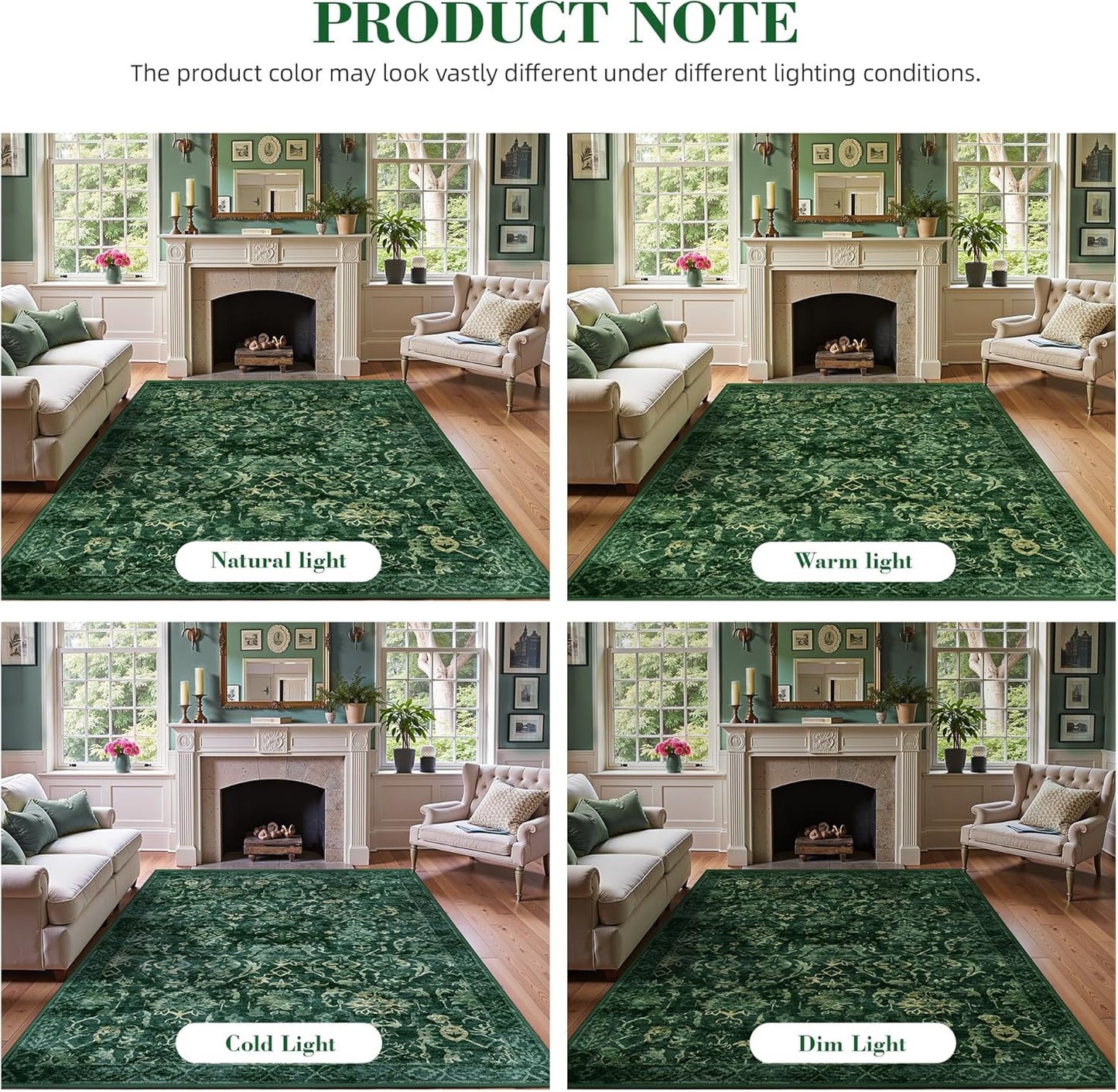 Youzi Vintage Floral Area Rug Soft Low Pile Washable Non-Slip Dark Green NEW