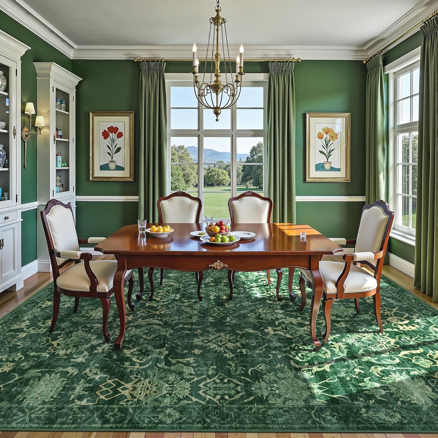 Youzi Vintage Floral Area Rug Soft Low Pile Washable Non-Slip Dark Green NEW