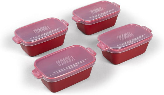 Souper Cubes Stoneware Casserole Dish with Silicone Lids, Cranberry 4 Pack NEW