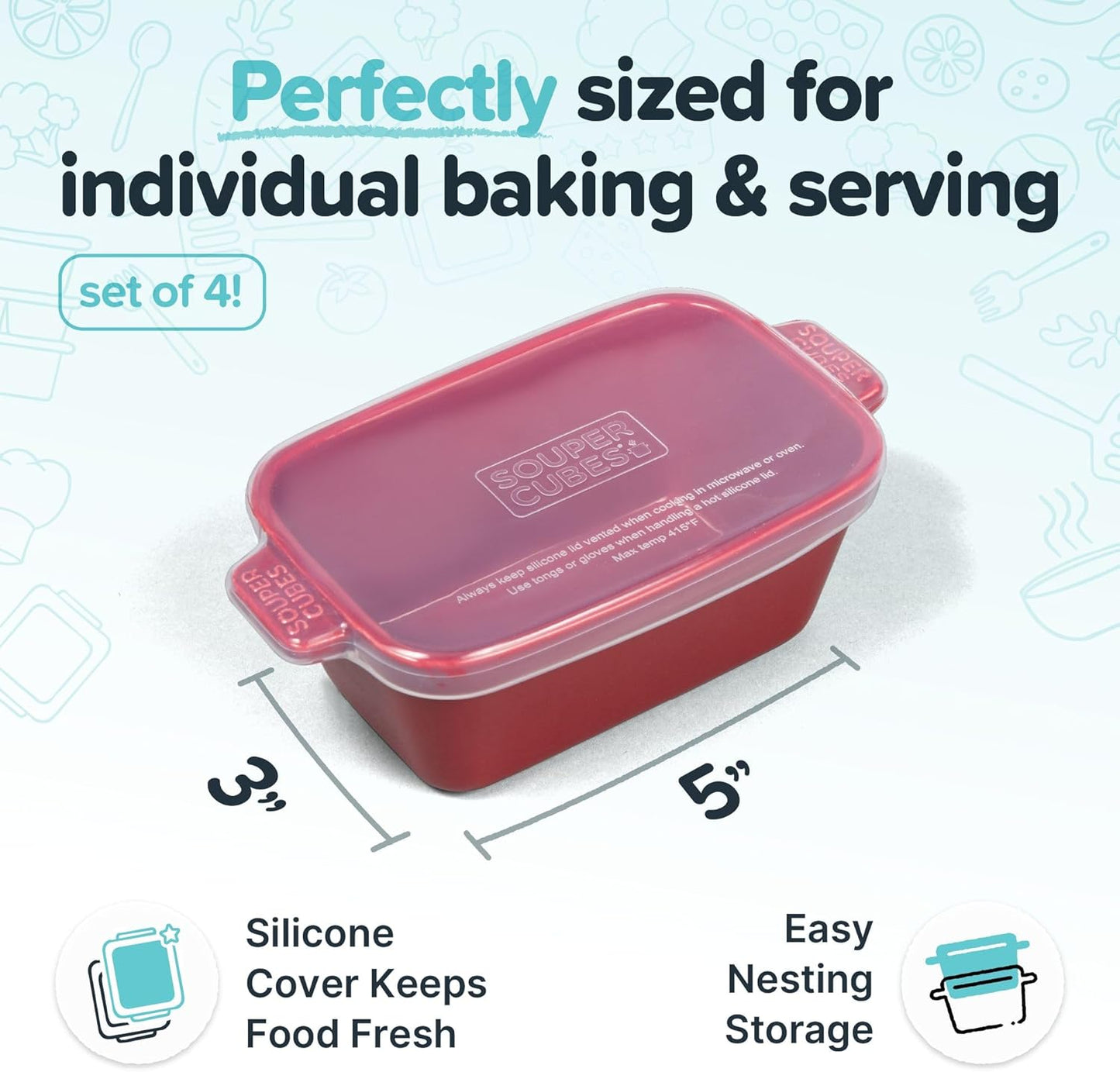 Souper Cubes Stoneware Casserole Dish with Silicone Lids, Cranberry 4 Pack NEW
