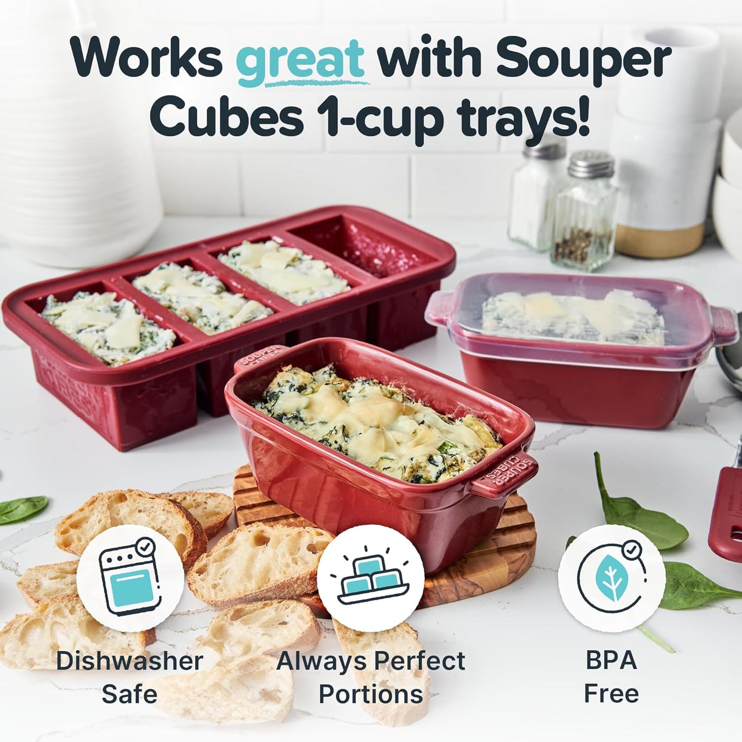Souper Cubes Stoneware Casserole Dish with Silicone Lids, Cranberry 4 Pack NEW