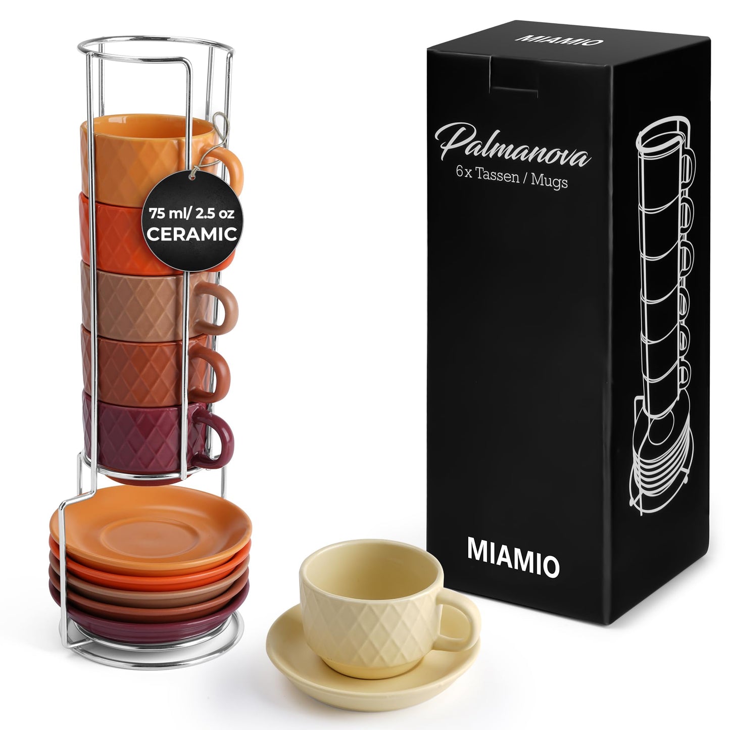 MIAMIO Petit Stoneware Espresso Mug Cup Set with Stand and Saucers Magma DEMO