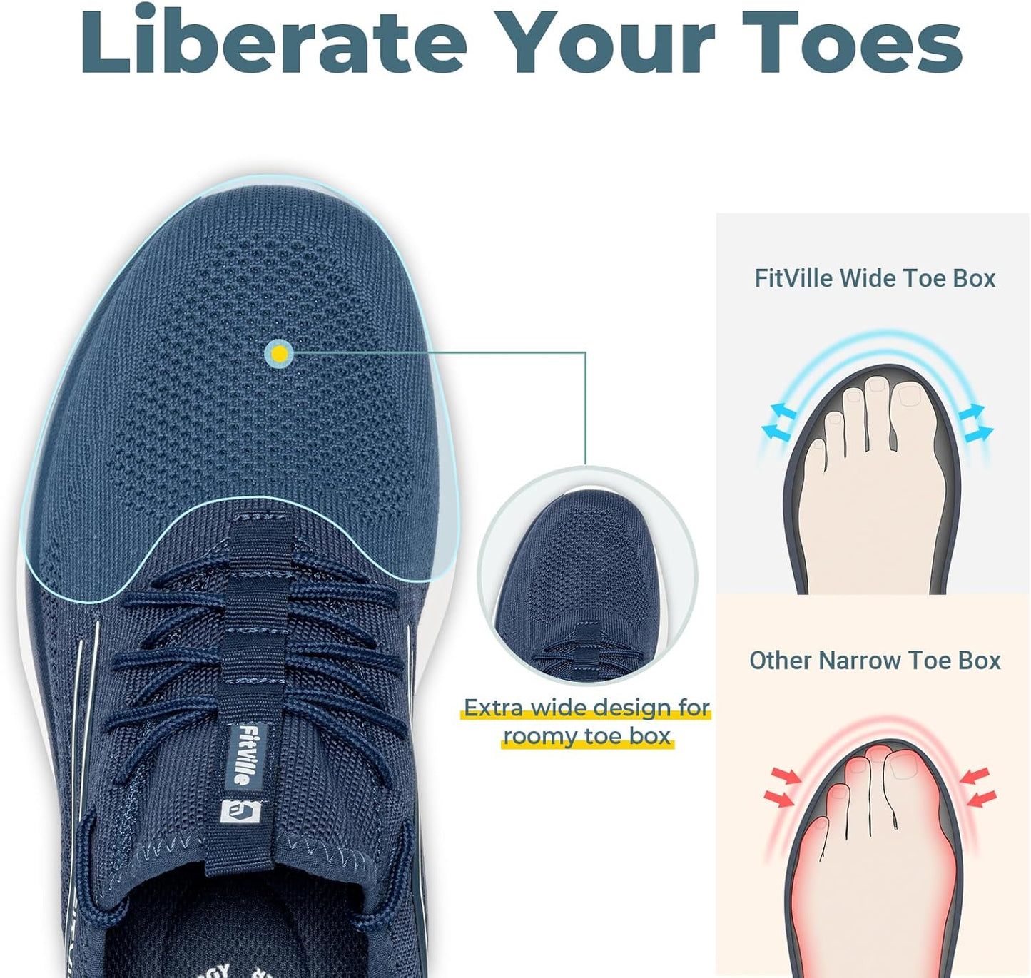 FitVille Extra Wide Fit Road Running Shoes Slip On Arch Support Navy US 9 DEMO