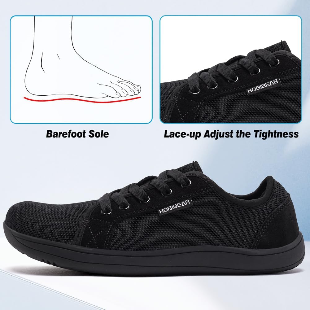 HOBIBEAR Minimalist Barefoot Trainers Zero Drop Wide Width All Black EU 39 NEW