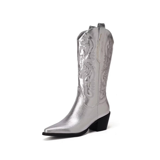 CIERWS Embroidered Western Cowgirl Knee-High Boots in Silver Size 12 DEMO