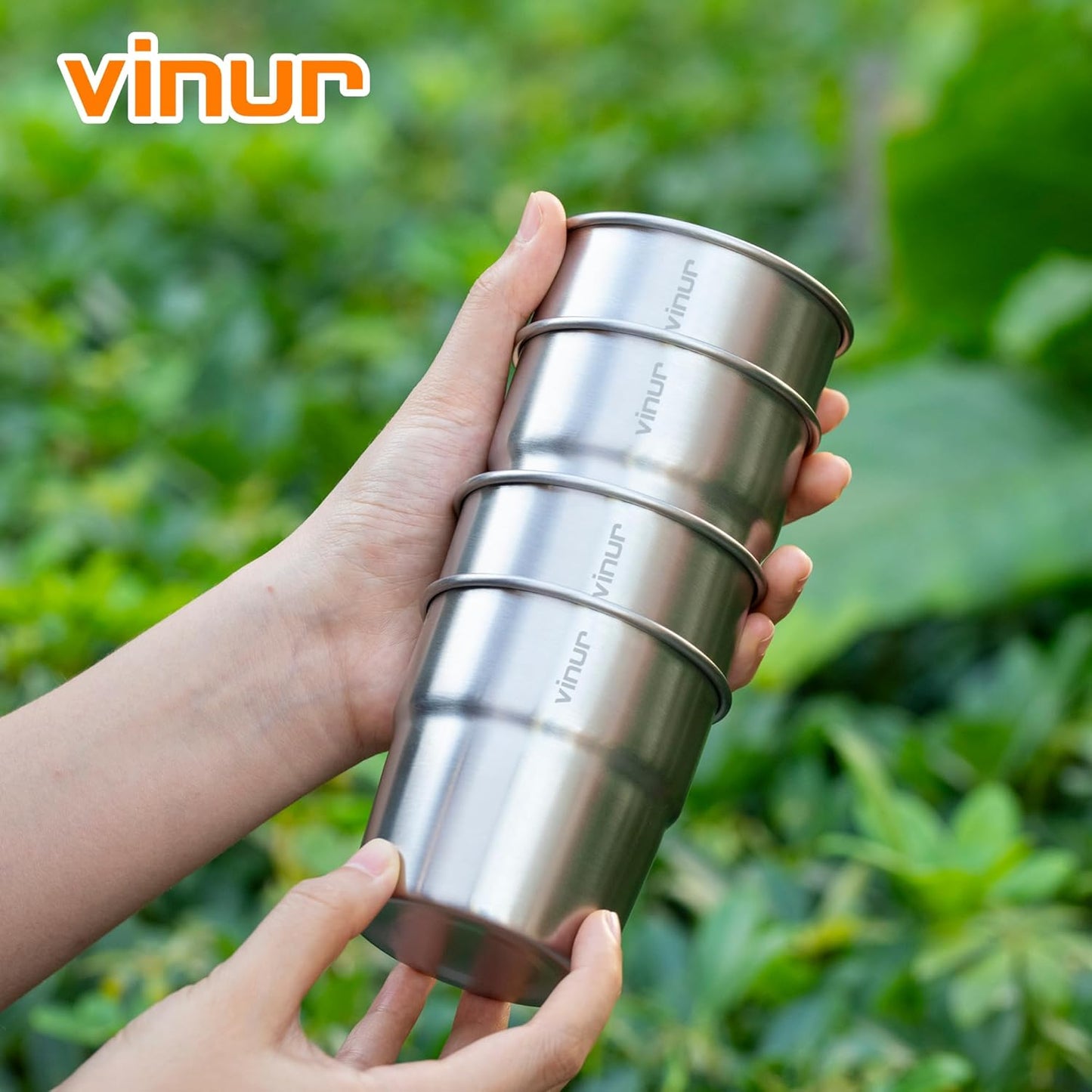 VINUR Stainless Steel Cups 240ml Stackable Metal Tumblers Silver 4 Pack NEW