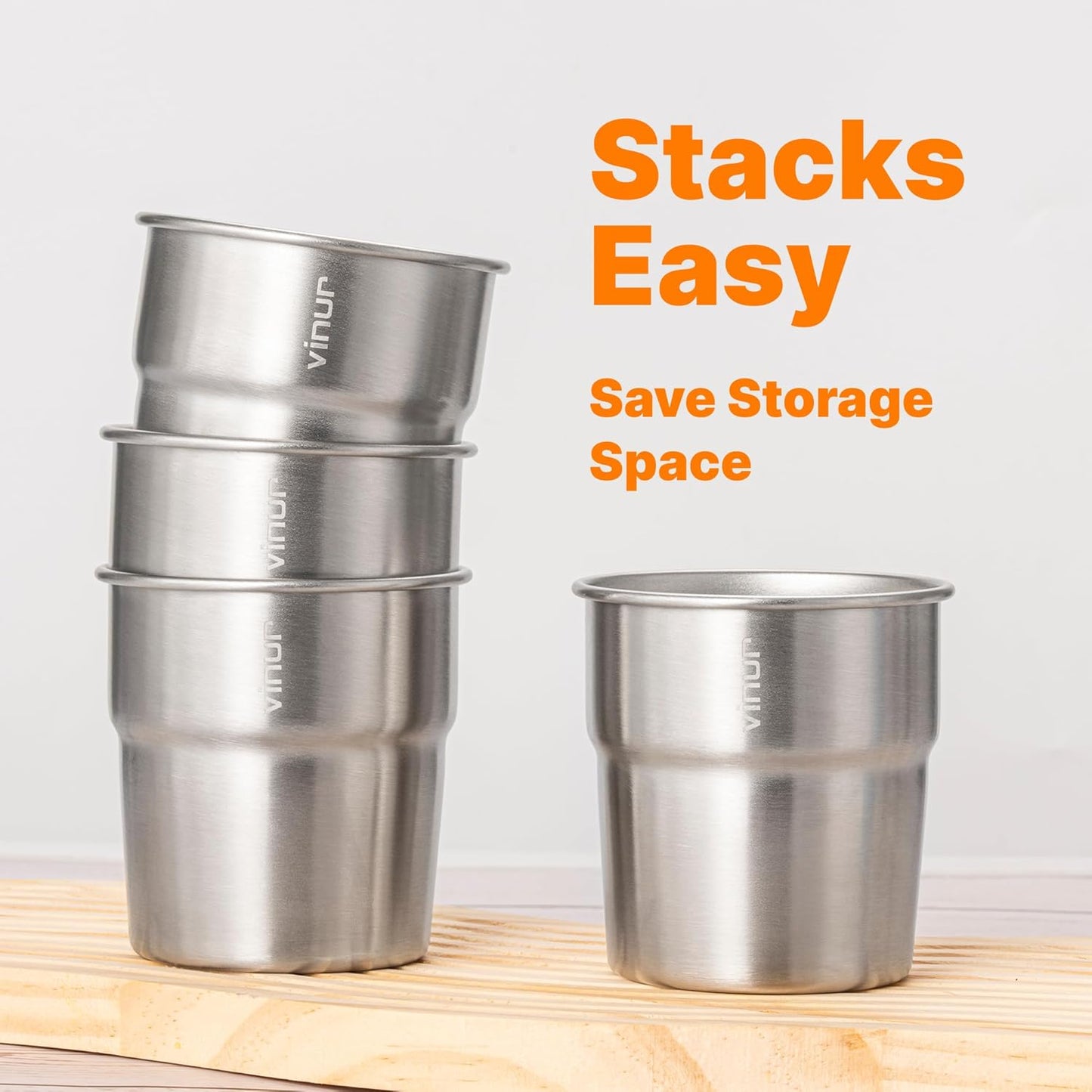 VINUR Stainless Steel Cups 240ml Stackable Metal Tumblers Silver 4 Pack NEW