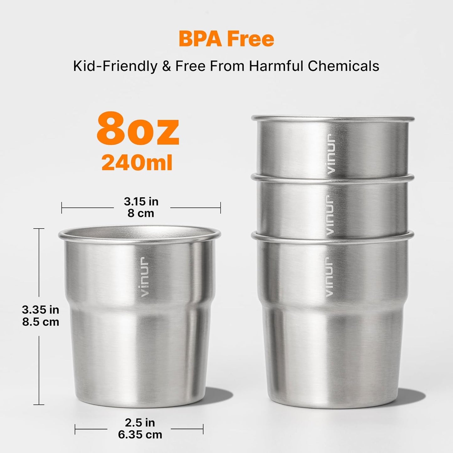 VINUR Stainless Steel Cups 240ml Stackable Metal Tumblers Silver 4 Pack NEW