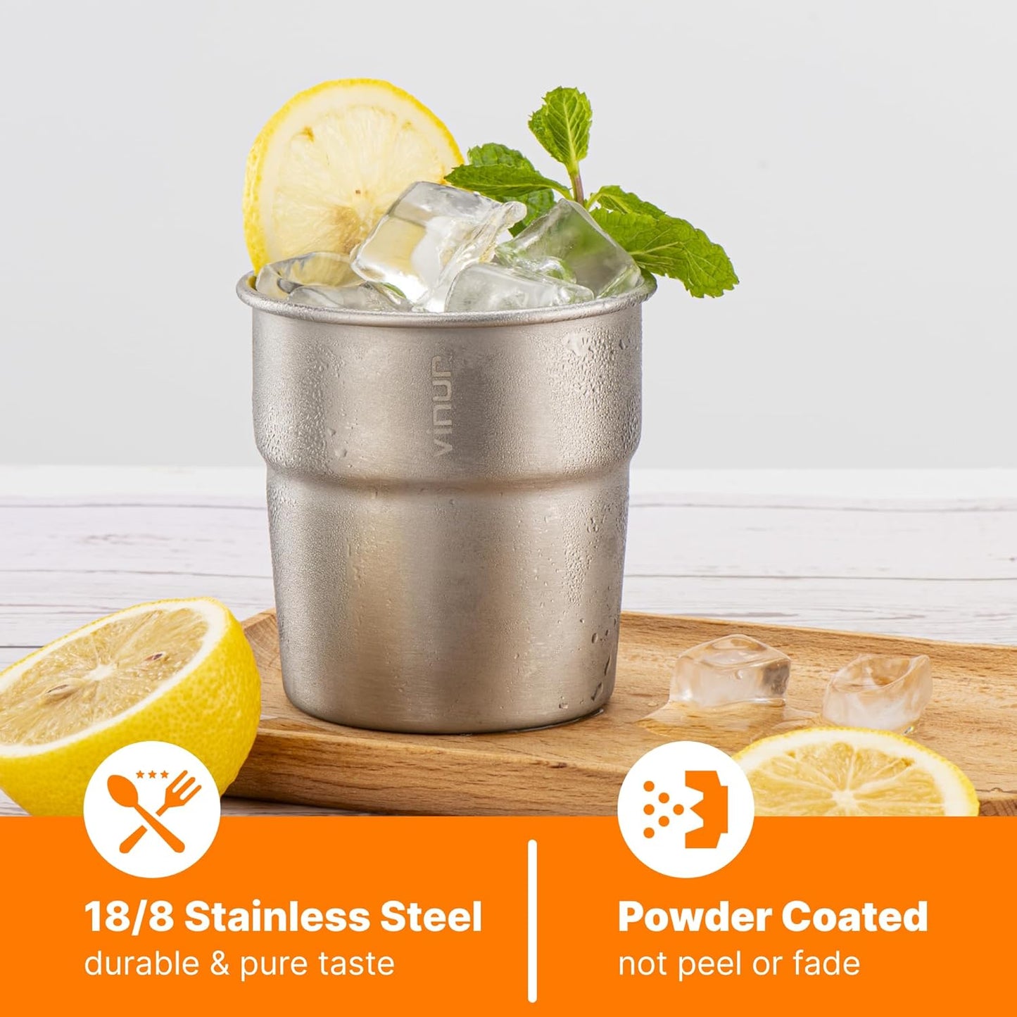 VINUR Stainless Steel Cups 240ml Stackable Metal Tumblers Silver 4 Pack NEW