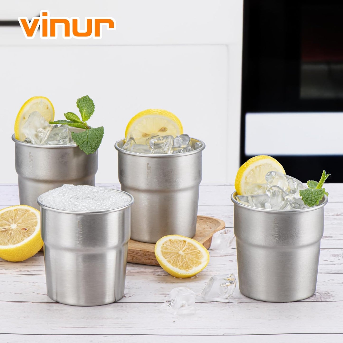 VINUR Stainless Steel Cups 240ml Stackable Metal Tumblers Silver 4 Pack NEW