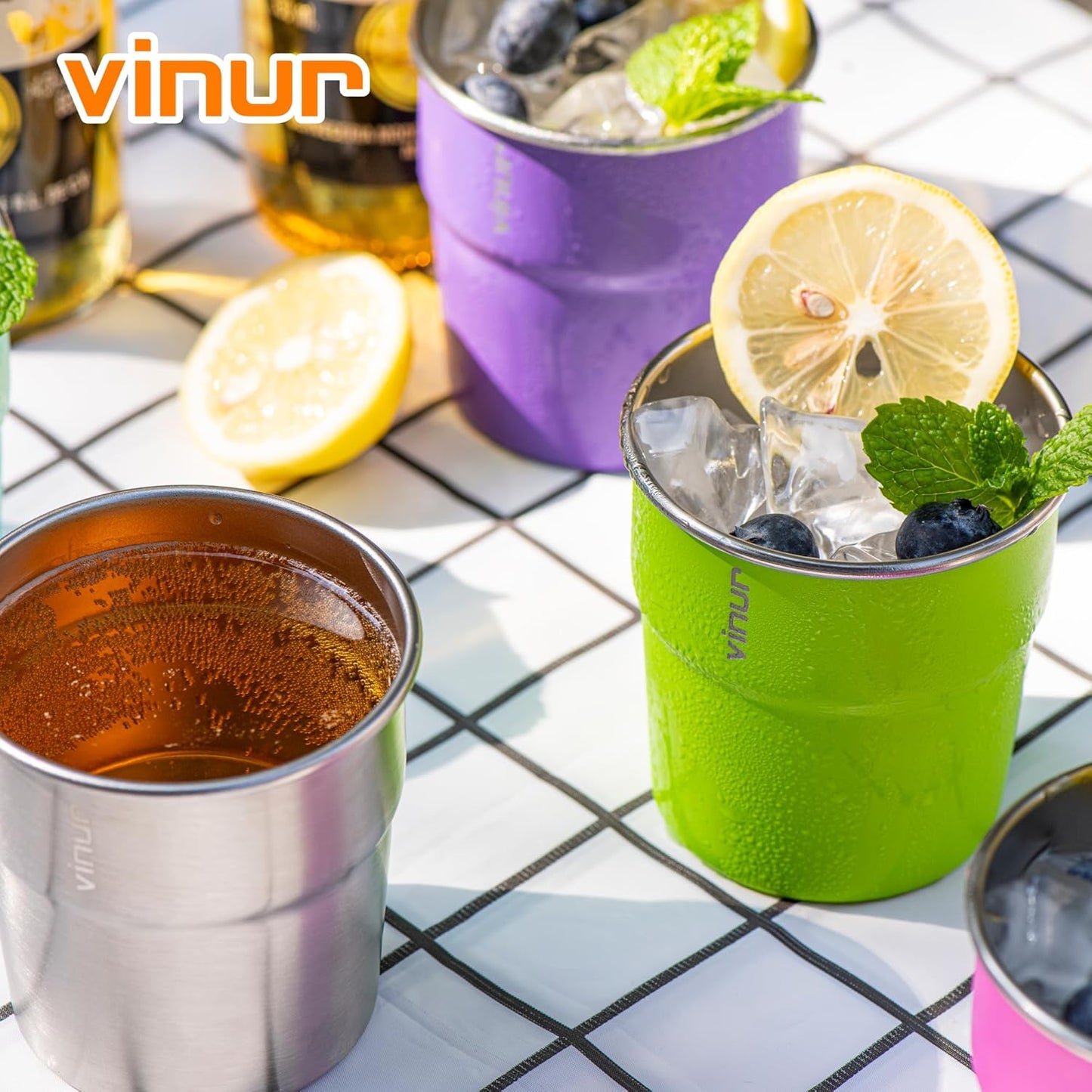 VINUR Stainless Steel Cups 240ml Stackable Metal Tumblers Silver 4 Pack NEW