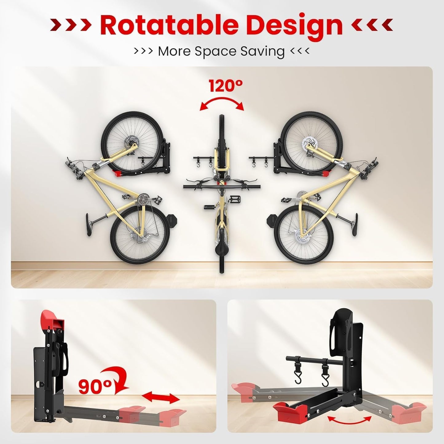 Slingcy Swivel Bike Wall Mount 120° Garage Storage Rack with 2 Hooks Black NEW