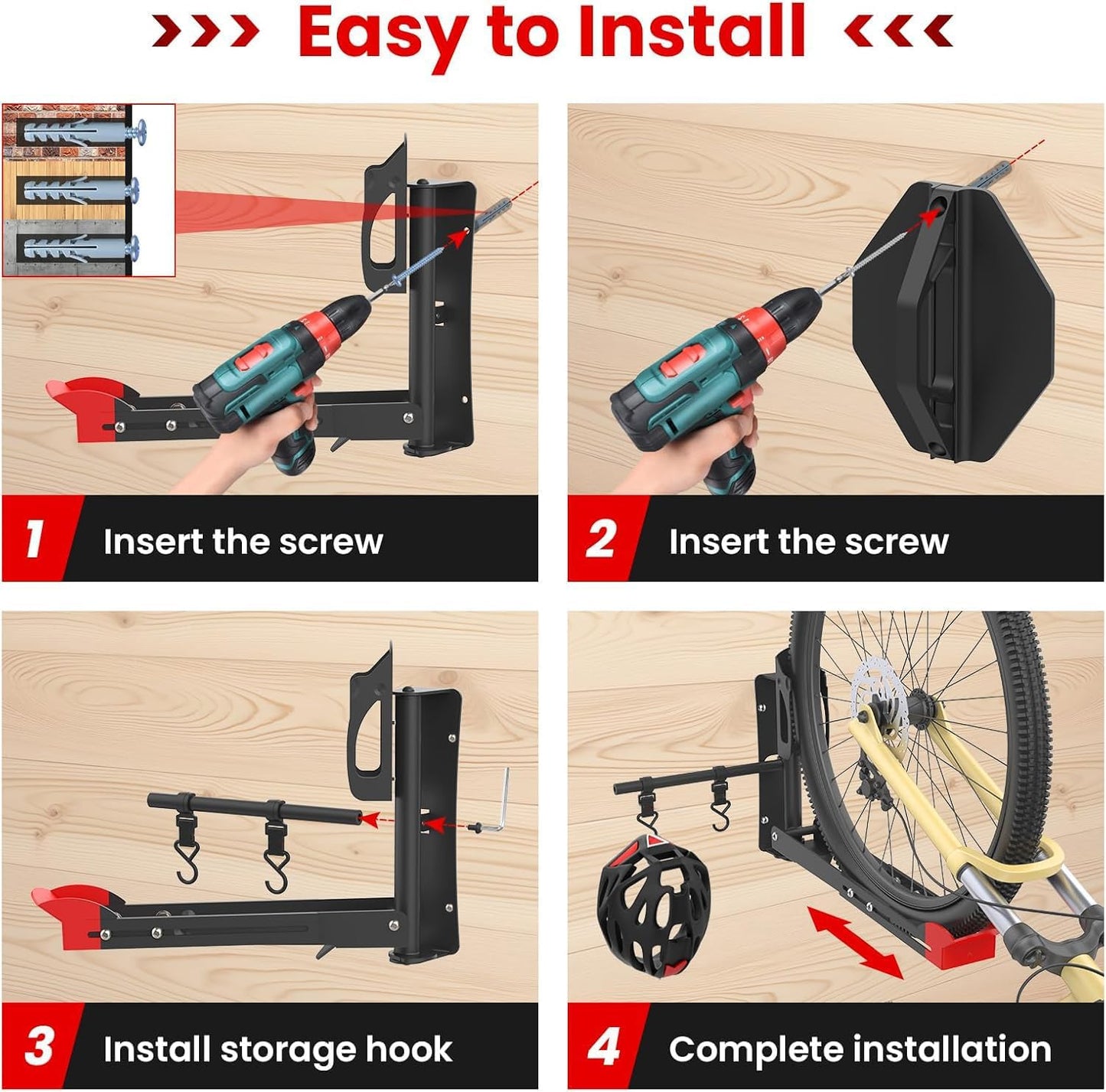 Slingcy Swivel Bike Wall Mount 120° Garage Storage Rack with 2 Hooks Black NEW