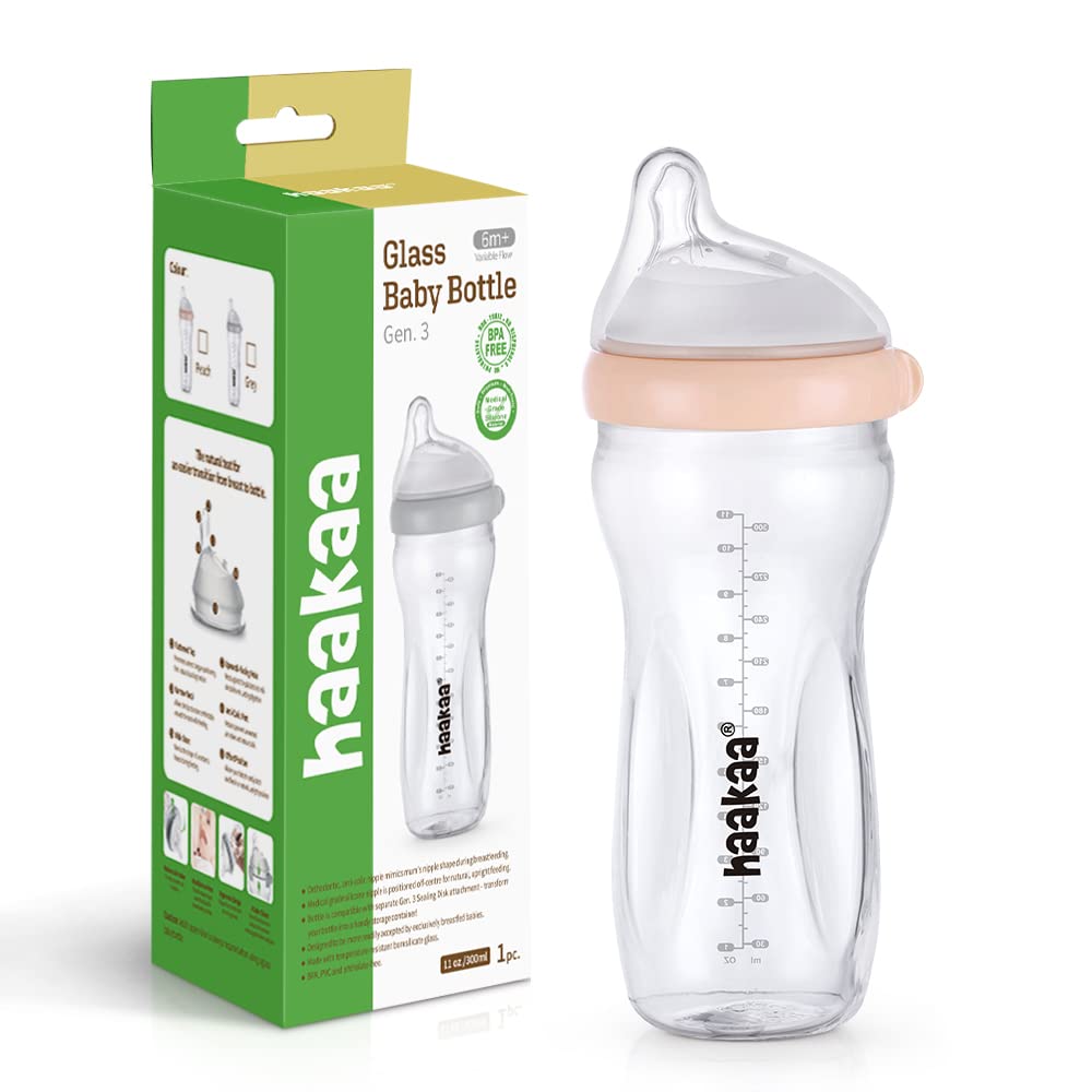 haakaa 300ml Bottles Glass Baby Bottle with Anti-Colic Valve & Fast Flow, NEW