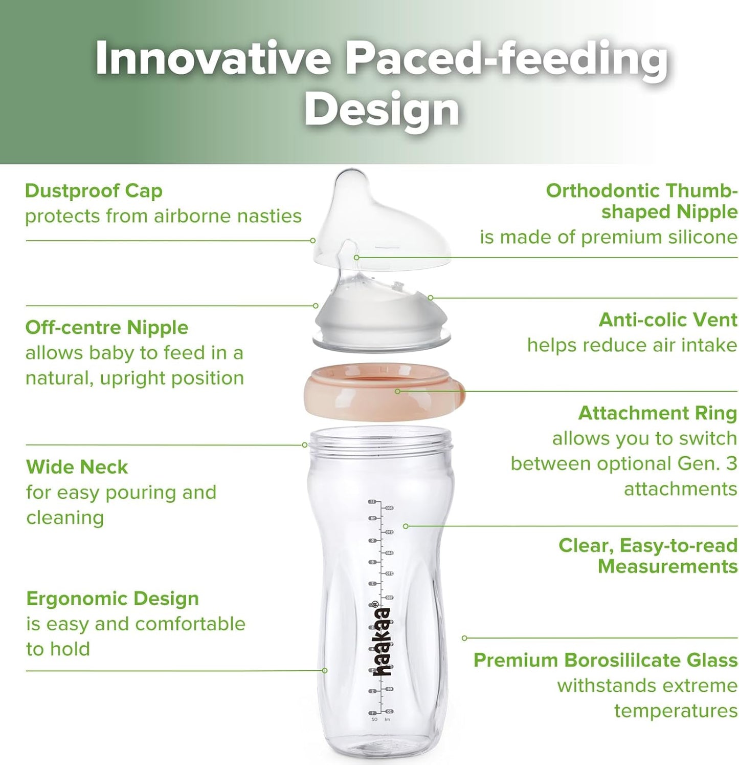 haakaa 300ml Bottles Glass Baby Bottle with Anti-Colic Valve & Fast Flow, NEW