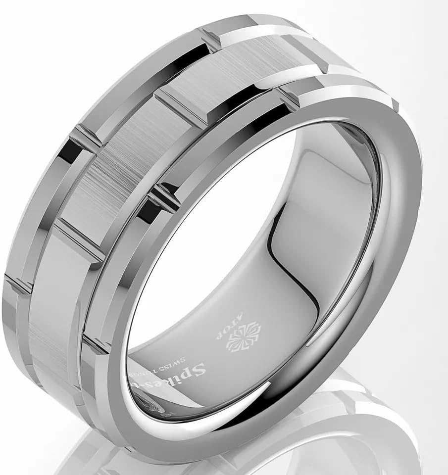Larmyia Polished Silver Brick Pattern Tungsten Carbide Band Size 10 NEW