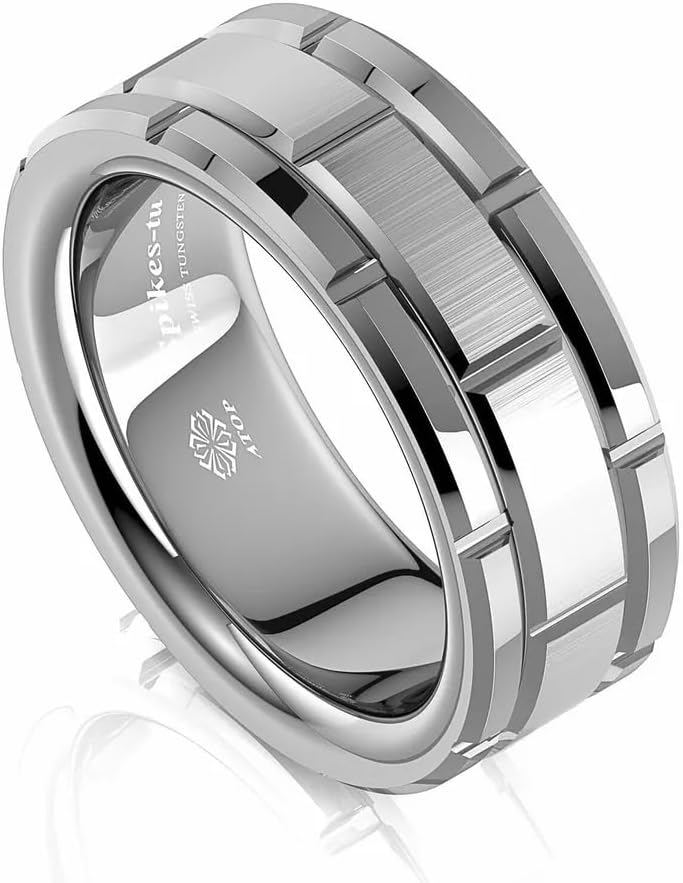 Larmyia Polished Silver Brick Pattern Tungsten Carbide Band Size 10 NEW