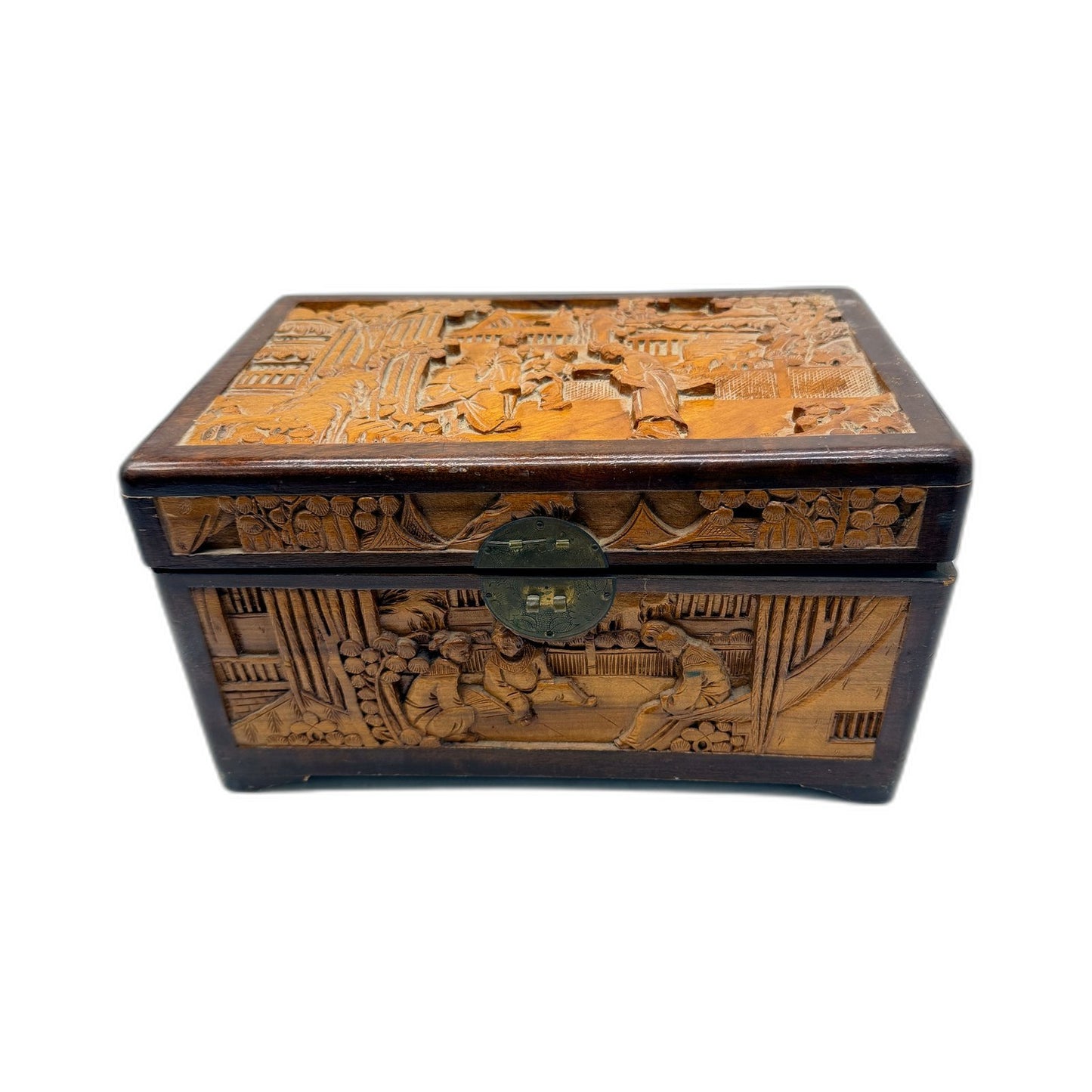 Vintage Rustic Decorative Wooden Box, Carved Antique Brown Storage Organizer
