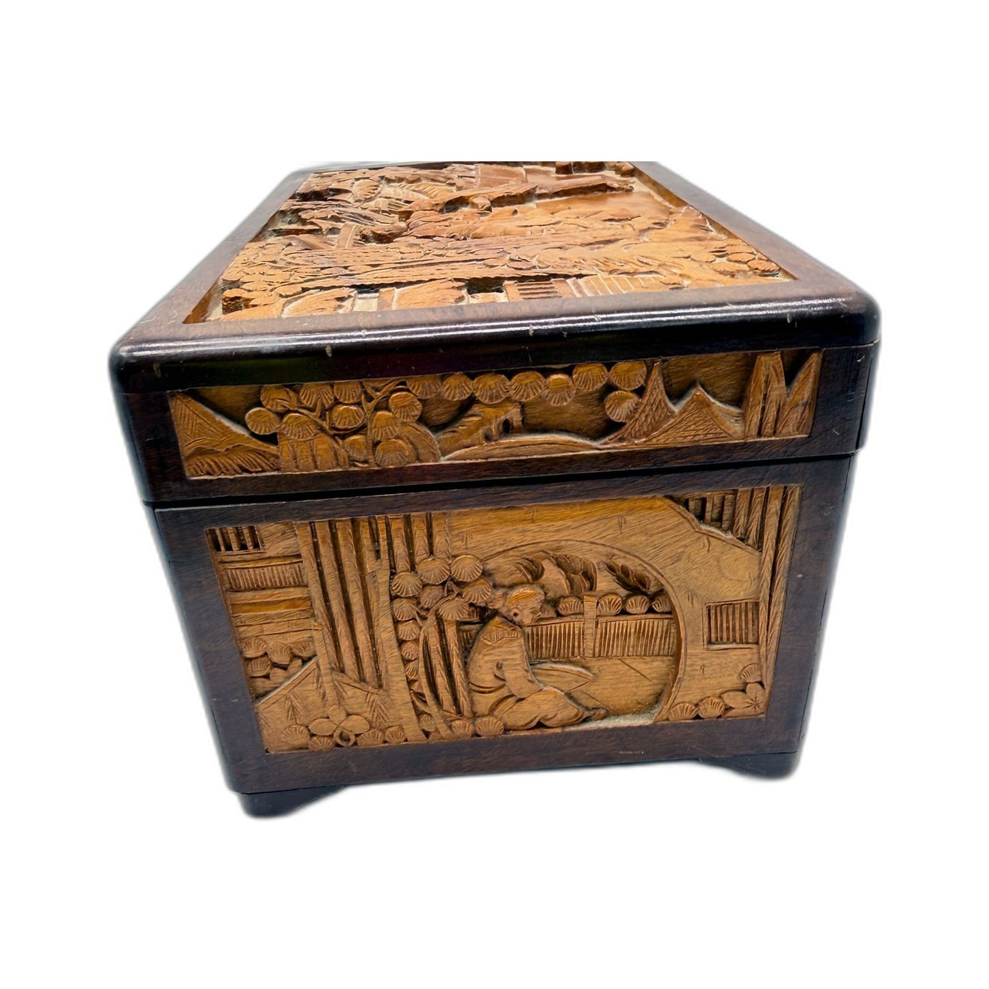 Vintage Rustic Decorative Wooden Box, Carved Antique Brown Storage Organizer