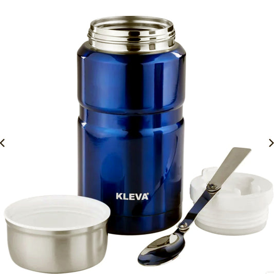 Kleva Mealigo Metallic Blue 750ml Portable Insulated Flask With Spoon NEW