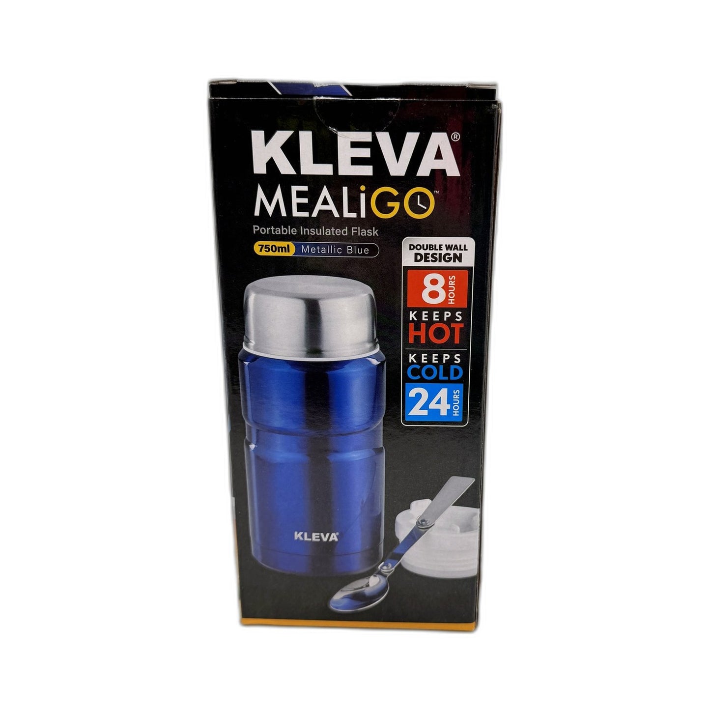 Kleva Mealigo Metallic Blue 750ml Portable Insulated Flask With Spoon NEW