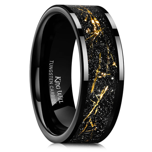 King Will 8mm Tungsten Carbide Ring Black & Gold Pipe Cut Inlay Size 11 NEW