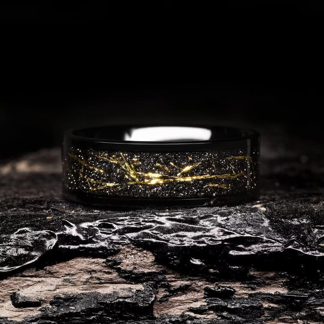 King Will 8mm Tungsten Carbide Ring Black & Gold Pipe Cut Inlay Size 11 NEW